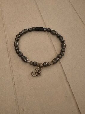 Hematite Beaded Bracelet with Om Charm - Women's Jewelry